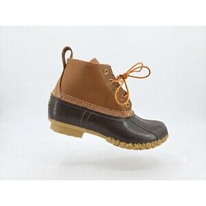 LL Bean Bean Boots Womens Sz 8 Tan Leather Brown Rubber 5-Eye Lace Up Duck Boots